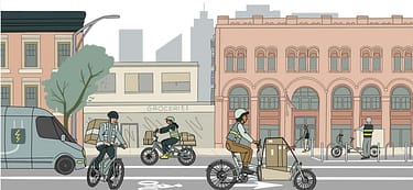 Illustration of a city street with bikes, pedestrians, and a van.